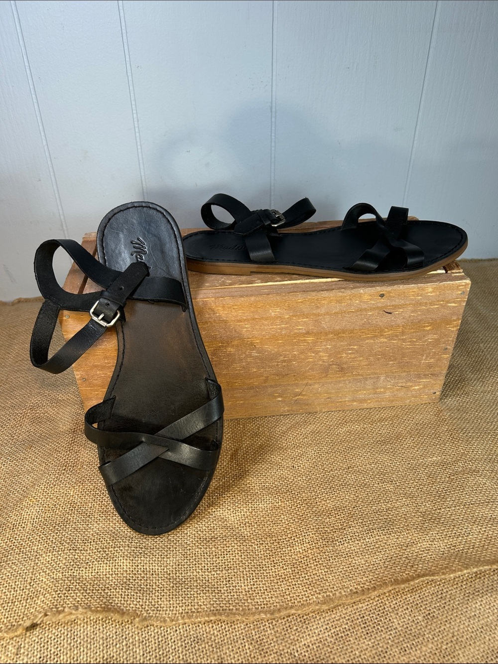Madewell Black Leather Cross-Strap Ankle Sandals